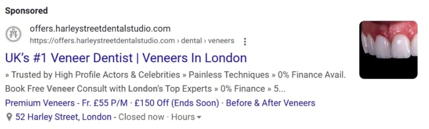 Google search results showing cosmetic dentistry ads with treatment-specific headlines