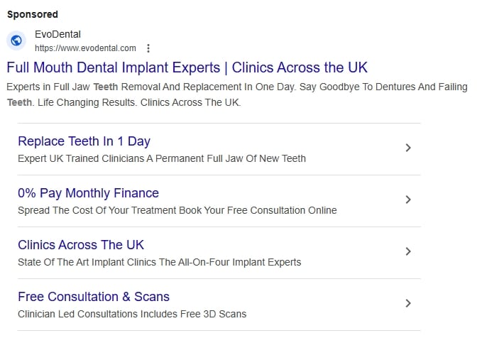 Google Ads examples for cosmetic dentistry showing headline variations and ad extensions