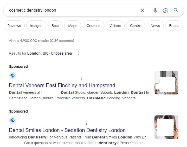 Example Google Ads search result for a dental practice showing headline structure and ad extensions