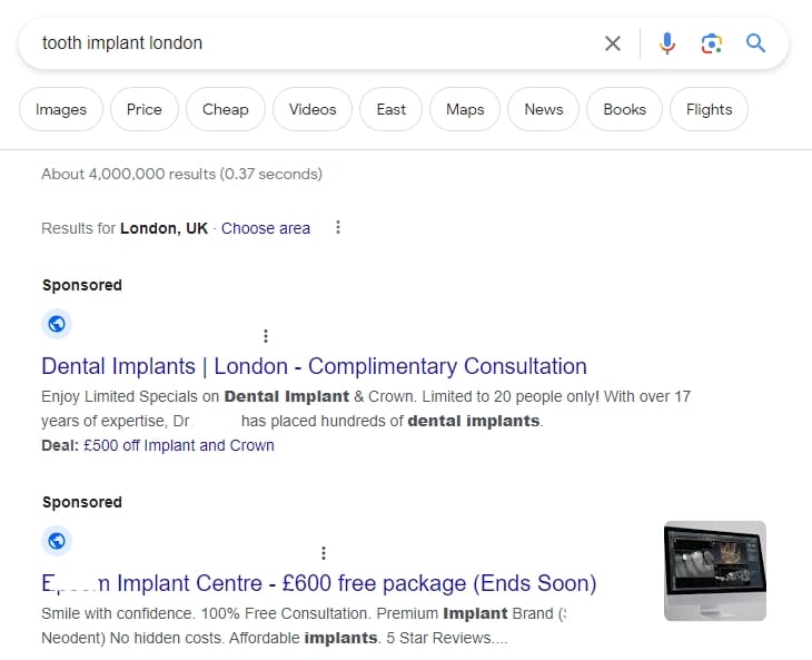 Google Ads example showing a well-structured dental practice ad with specific treatment keywords
