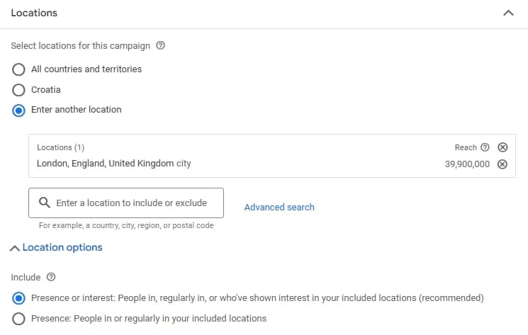 Geo-targeting settings in Google Ads for HVAC companies