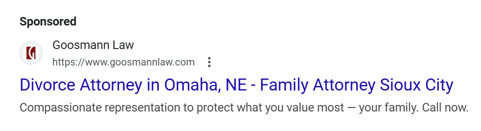 Google Ads example for Goosman Law divorce practice showing headline and description structure