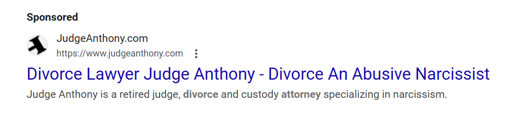Google Ads example for Judge Anthony divorce lawyer with strong call-to-action