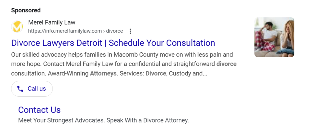 Google Ads example for Merel Family Law showing ad extensions and sitelinks