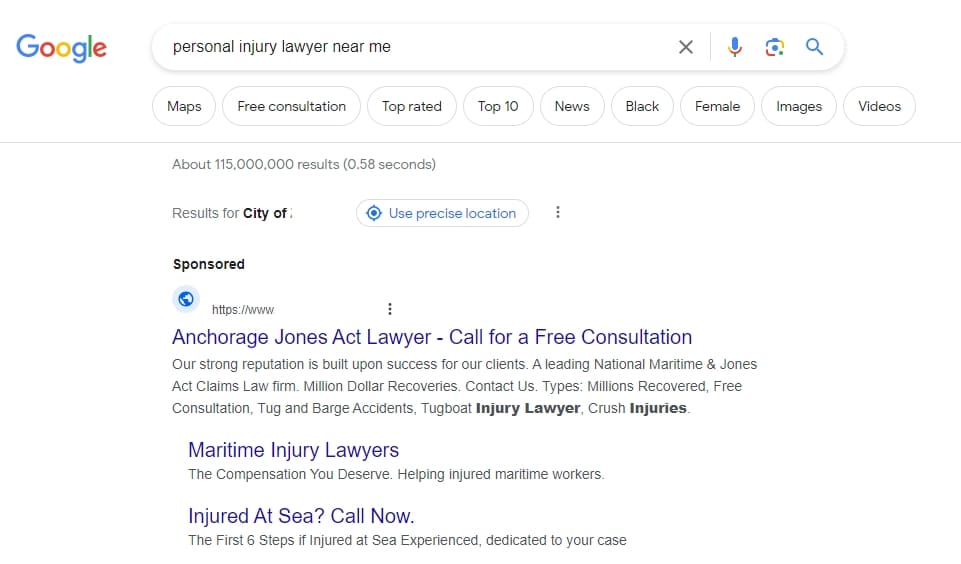 Example of well-structured Google Ads ad groups for a law firm